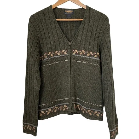 Woolrich Women’s Green Zip Cardigan with Needlework Cottagecore Size Large - Picture 1 of 10